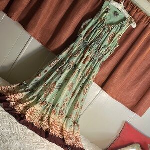 Taylor Bohemian Maxi summer Dress in mint Green, cream and Browns